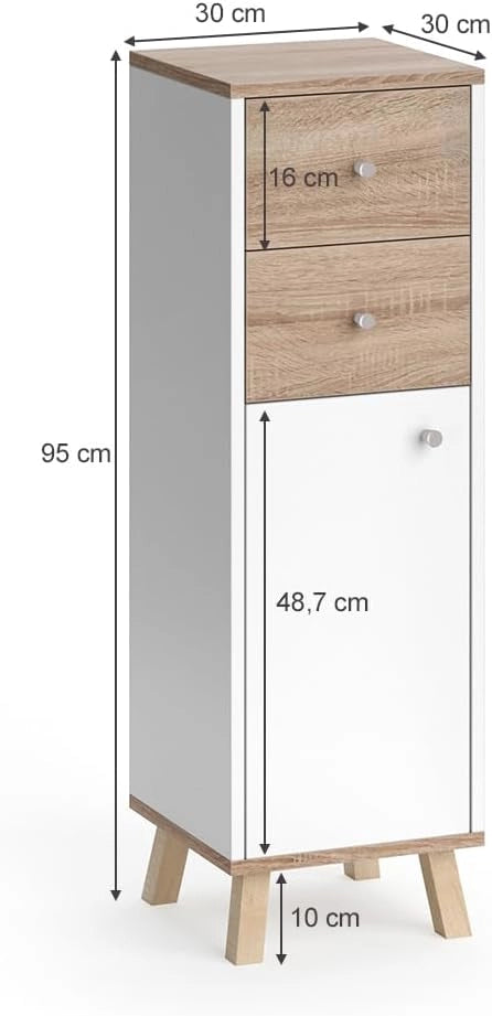 Mobiletto bagno Senyo, Bianco, 30 x 95 cm con cassetti, adatto al montaggio a parete e combinabile con mobili Senyo