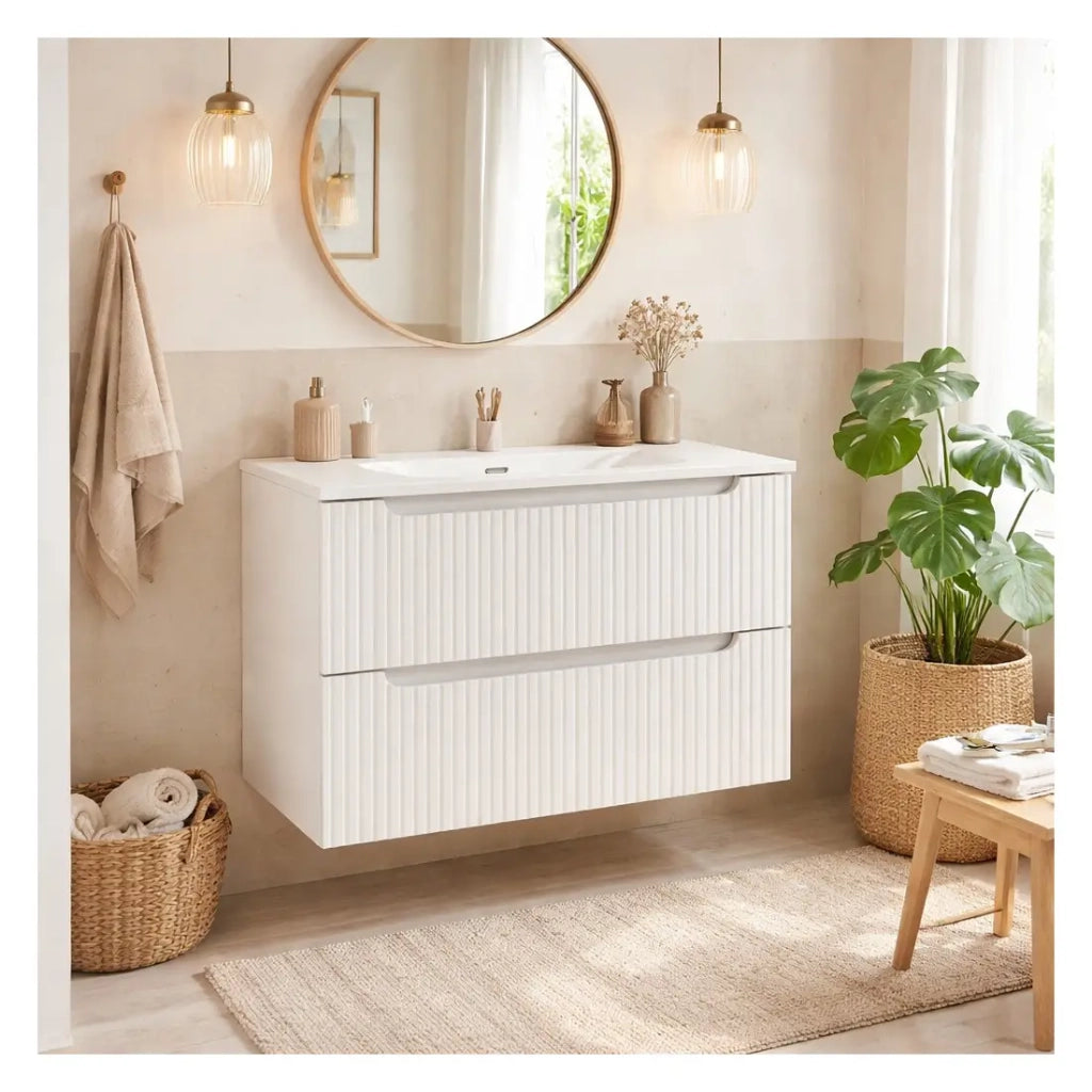 Set da bagno sospeso VANO bianco 80cm: mobile sotto lavabo con cassetti scanalati + lavabo incassato bianco