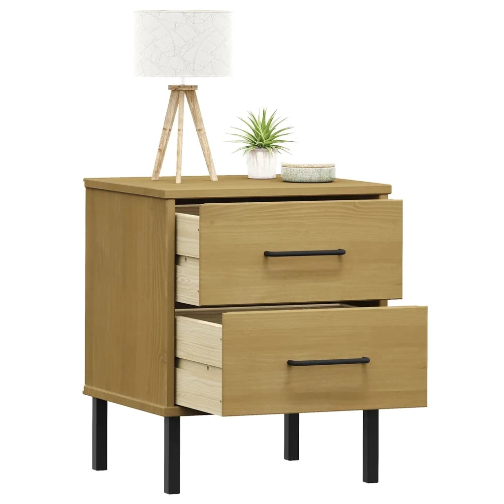 Comodino con Gambe in Metallo Marrone Legno Massello Pino OSLO 350973