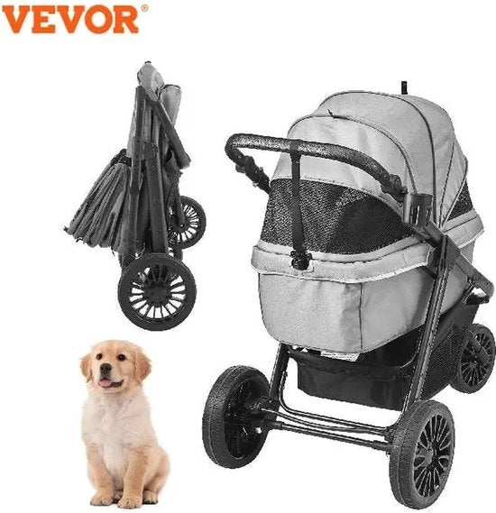 Carriolo per cani - Inclinabile - Carriolo per cani con contenitore e cassetta - Peso massimo 34kg - Impermeabile - Grigio - 3 ruote - Pneumatico anteriore 360° girevole