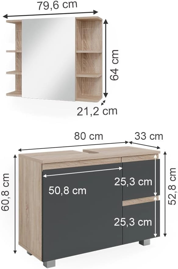 Set mobili bagno J-Shape, Sonoma, 80 cm, composto da specchio da bagno e mobile sottolavabo