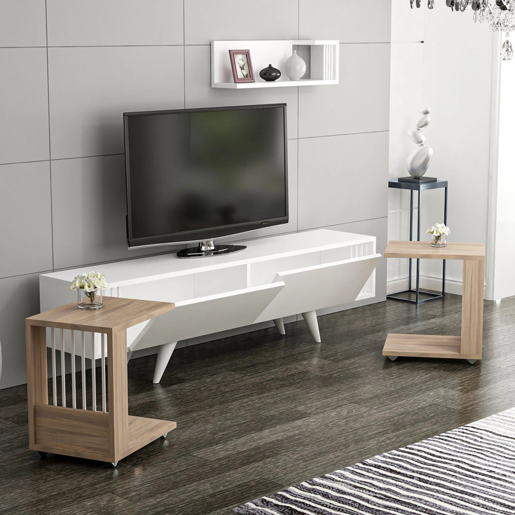 Set di Mobili da Soggiorno 'Glostrup' Composto di Mensola da Muro, Mobile Porta TV e 2 Tavolini - Rovere  / Bianco [en.casa]