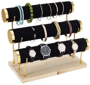 Supporto per bracciale 3 livelli - Display in velluto - Base in legno - Standa per gioielli - Presentazione lussuosa - Dimensioni 29x16x24cm