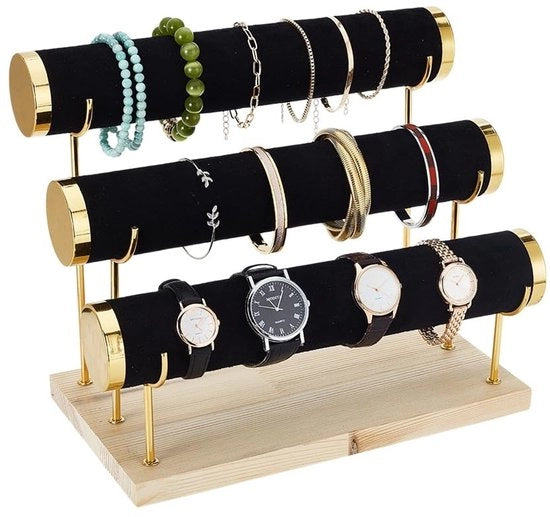 Supporto per bracciale 3 livelli - Display in velluto - Base in legno - Standa per gioielli - Presentazione lussuosa - Dimensioni 29x16x24cm