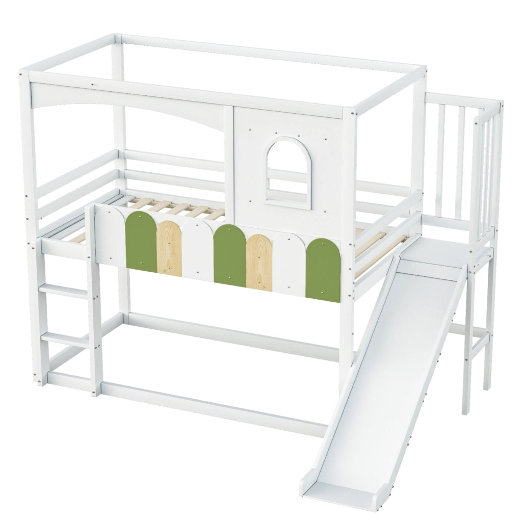 OKWISH Letto a soppalco per bambini 90×200 cm, Letto Singolo con Scivolo, Scala di Sicurezza e Sponde Multicolore, senza Materasso, in Legno, Bianco