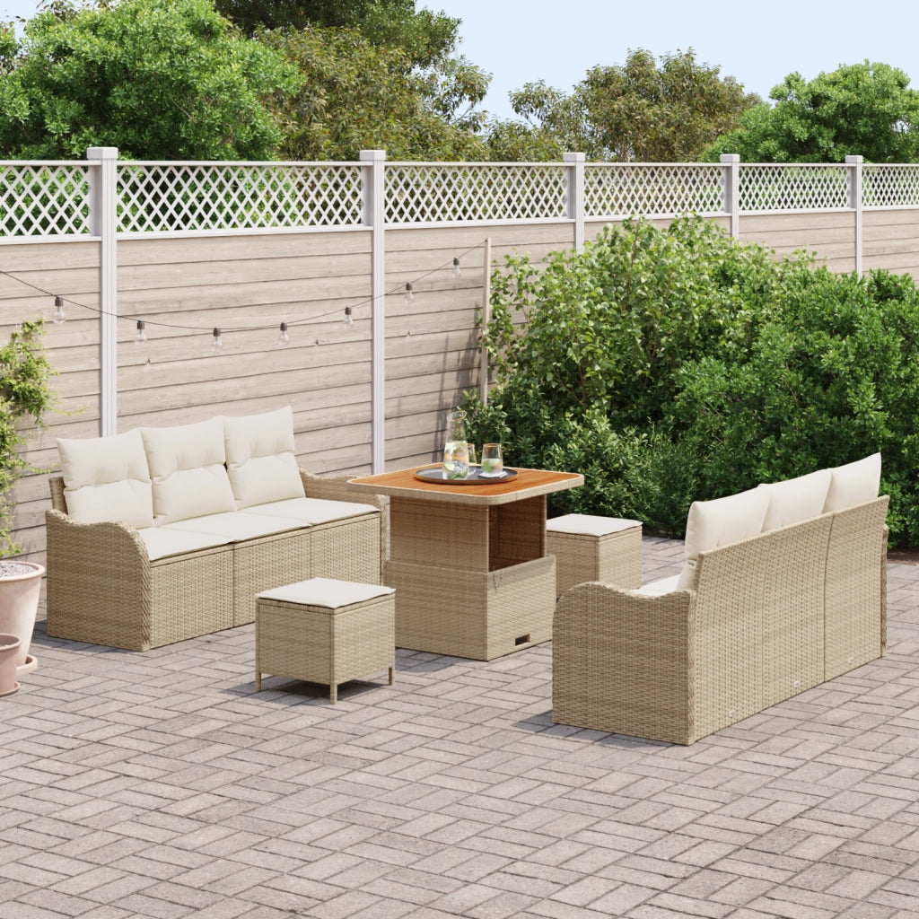 Set Divano Giardino Modulare da 9 Pezzi con Cuscini in Rattan Beige di Poliestere e Legno di Acacia
