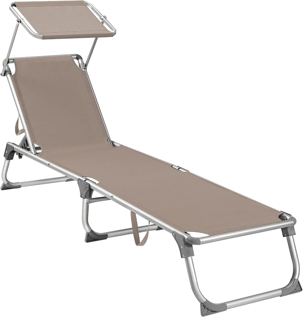 SONGMICS Lettino Prendisole, Sedia a Sdraio Pieghevole in Alluminio, con Parasole e Schienale Reclinabile, 193 x 55 x 31 cm, Max Portata 150 kg, per Terrazzo Piscina Giardino, Tortora GCB19BR