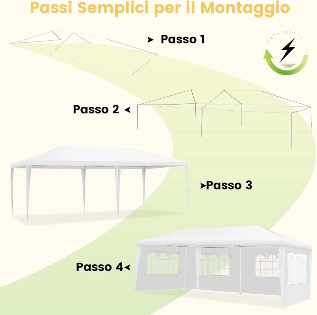 Gazebo da Giardino 6 x 3 m, Tendone per Feste con 4 Pareti Rimovibili, con Borsa di Trasporto, Impermeabile Protezione UV, per Matrimonio Eventi e Barbecue
