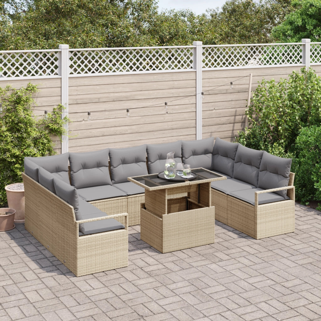 Set Divano da Giardino con Cuscini di 10 Pezzi Beige Polyrattan