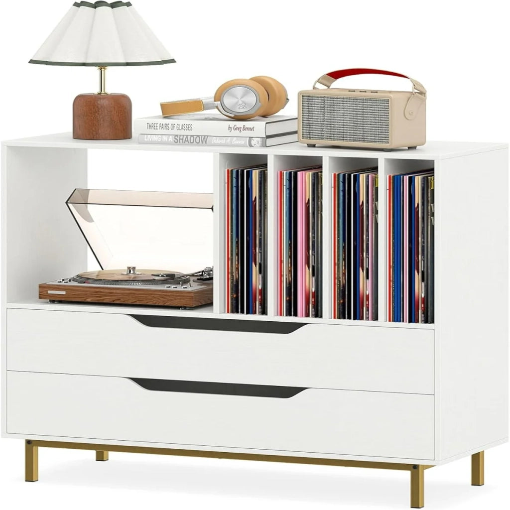 Mobile porta giradischi 91 x 36 x 87 cm con 2 cassetti pratico contenitore stile retrò MDF bianco 20_0018850