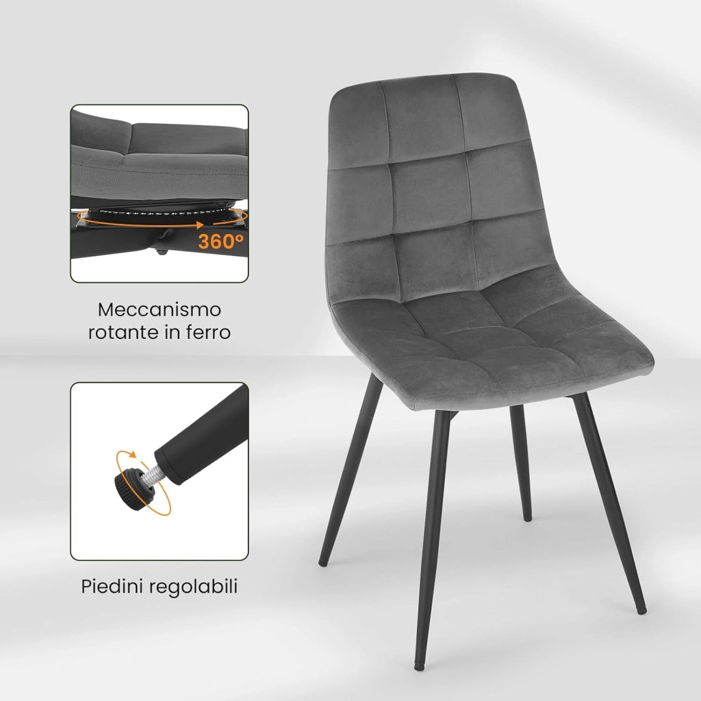 4 x Sedie da Pranzo Girevoli, Sedie Cucina in Velluto con Schienale e Gambe in Metallo, Stile Moderno, per Cucina, Camera da Letto e Soggiorno, Grigio Scuro