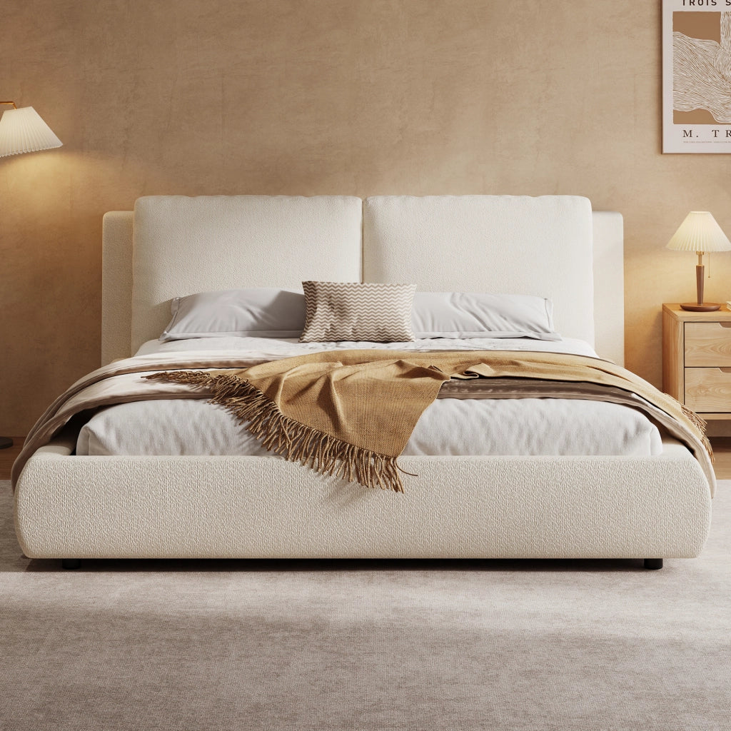 Letto imbottito con vano contenitore e testiera in bouclé beige