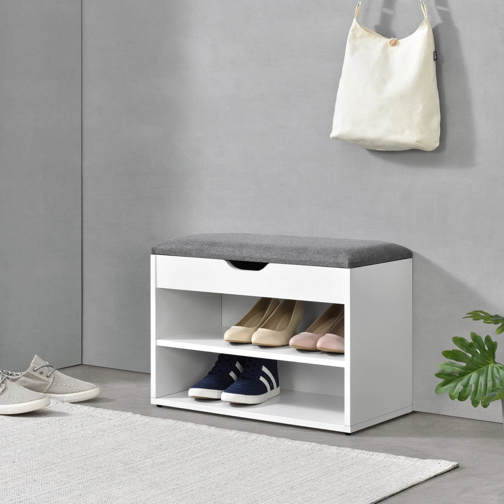 Panchina Portascarpe con Seduta Apribile (AxLaxP) 46 x 60 x 30 cm Panca da Ingresso/Corridoio Mobiletto con Seduta Imbottita, Contenitore e 2 Ripiani - Bianco/Grigio