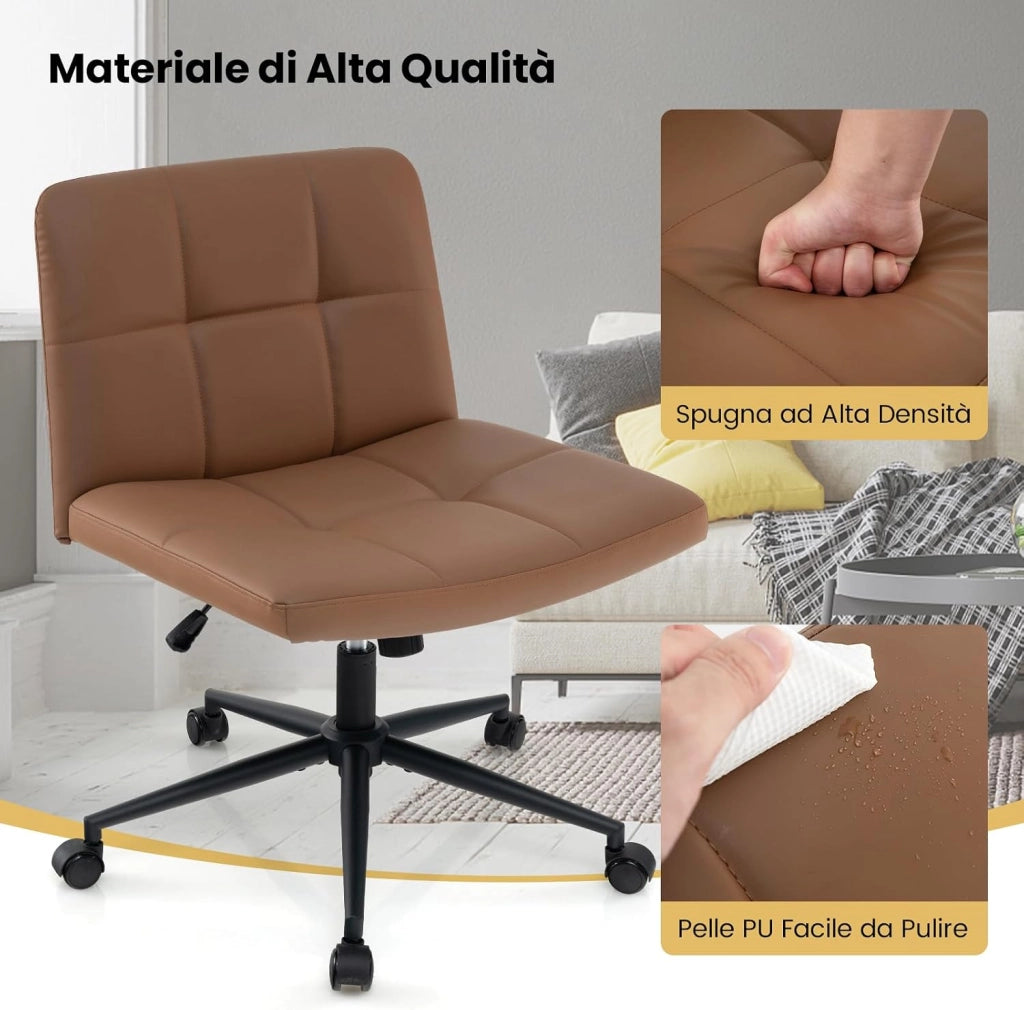 Sedia da Ufficio con Ruote, Sedia Scrivania a Gambe Incrociate Rivestita in Similpelle, Sedia Ufficio con Altezza e Regolabile Regolabile, Sedia senza Braccioli, Portata 150 kg (Marrone)