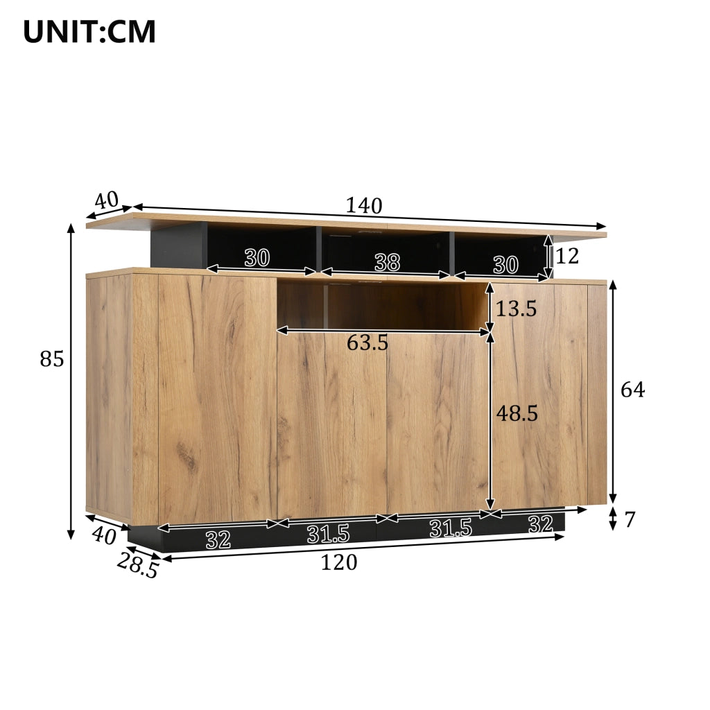 Credenza moderna in truciolato naturale e nero con 4 ante e 3 vani aperti, 140x40x85 cm
