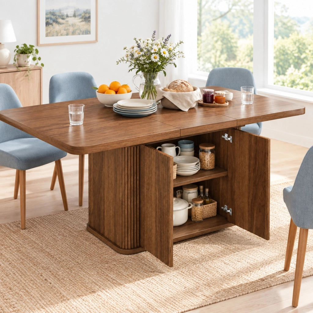 Tavolo da pranzo allungabile 140-180 cm con vano contenitore; MDF e metallo marrone HOMVRA