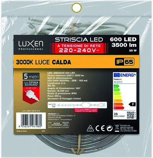 Suprema STRISCIA LED  Luce Calda 15 W/m - 120 Led/m - 1500 Lumen/mt , IP65, 5 mt.