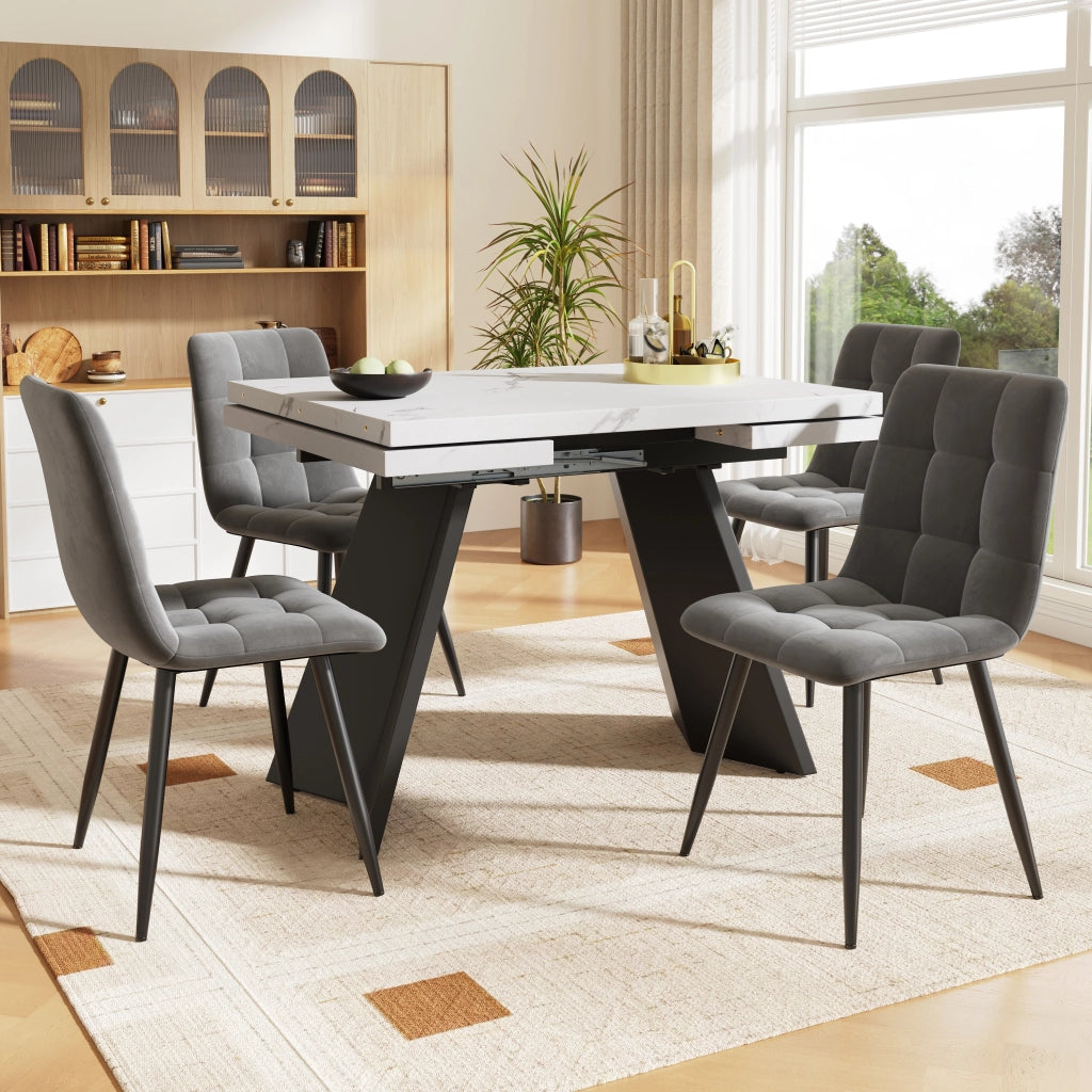 Tavolo da pranzo allungabile con 4 sedie in velluto piano in MDF effetto marmo bianco nero 159 × 74 × 77 cm