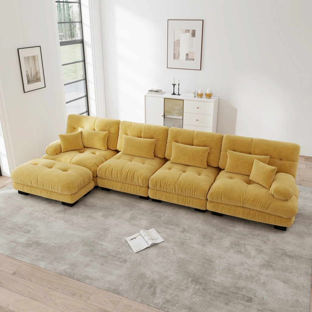 Divano angolare modulare con pouf mobili e seduta cloud per soggiorno in ciniglia gialla 406 × 145 × 81 cm