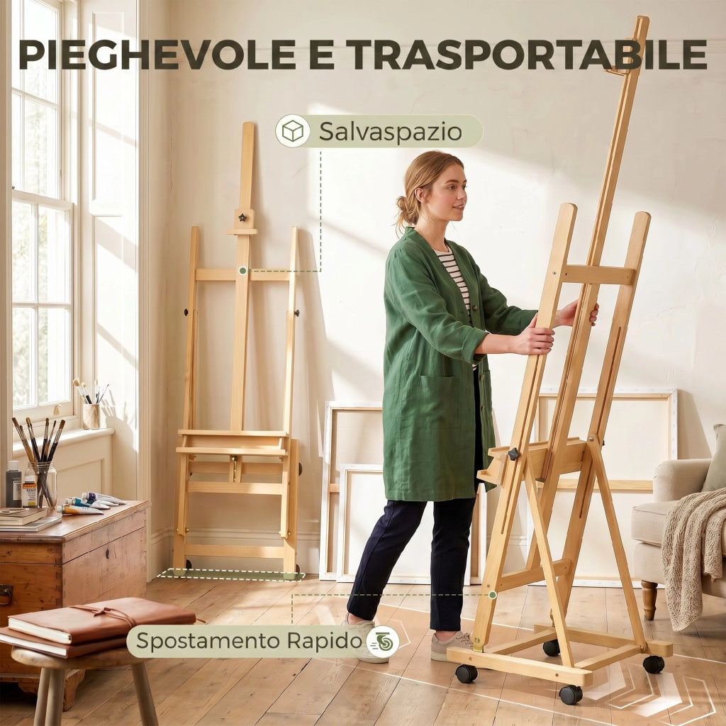 Cavalletto Pittura Pieghevole 50,5x53x178-238 cm con Ruote in Legno di Faggio
