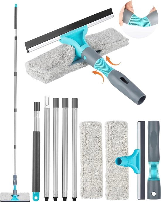 Set di Pulizia Finestra 2 in 1 con Asta Telescopica da 200 cm - Pulitore Finestra in Acciaio Inox con Asciugamani Microfibra