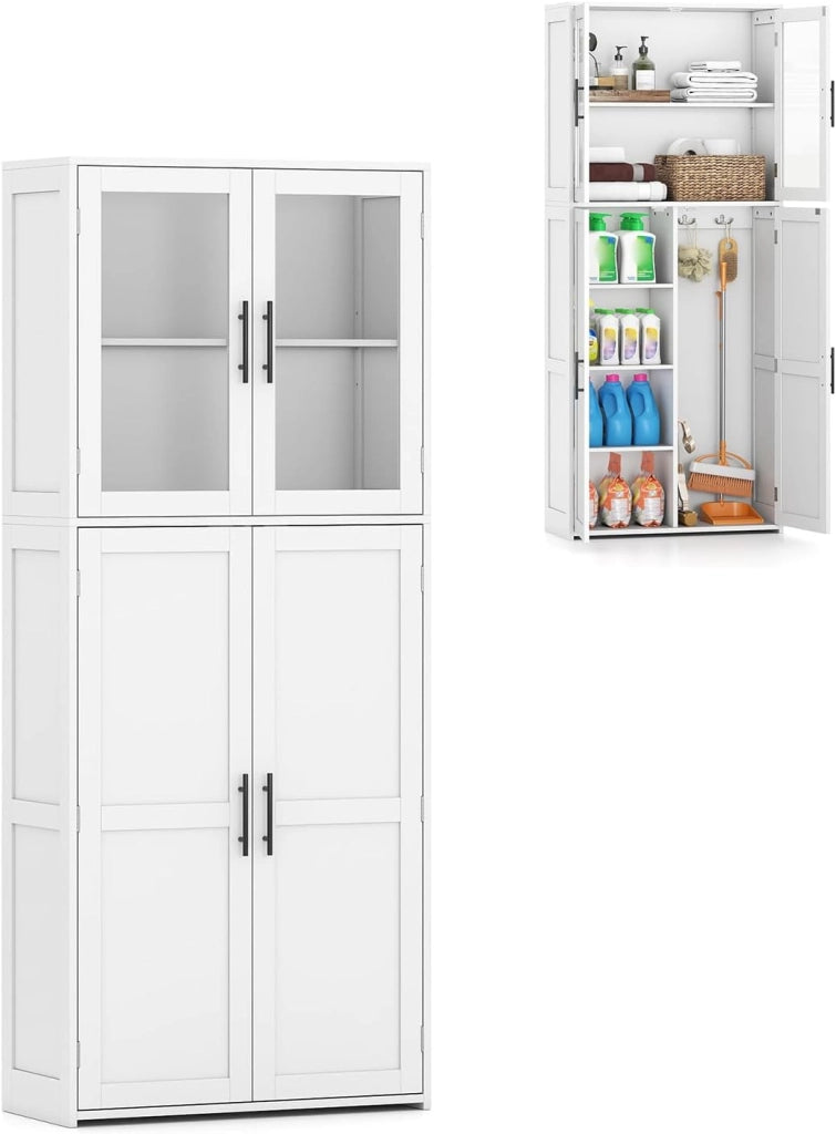 Armadio alto da bagno, colonna bagno, 4 ante, ripiani regolabili e 2 ganci, mobile moderno per cucina, soggiorno, 70 x 30 x 168,5 cm, bianco