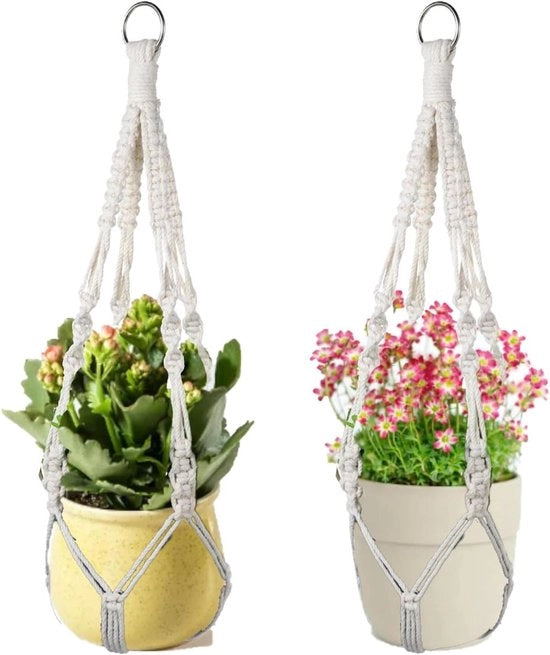 Due pezzi di decorazioni per piante in macramé boho per interni ed esterni - balcone e giardino decorativo