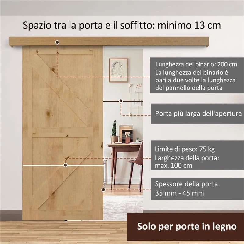 BINARIO CON KIT DI ACCESSORI PER PORTE SCORREVOLI IN STILE RUSTICO IN LEGNO