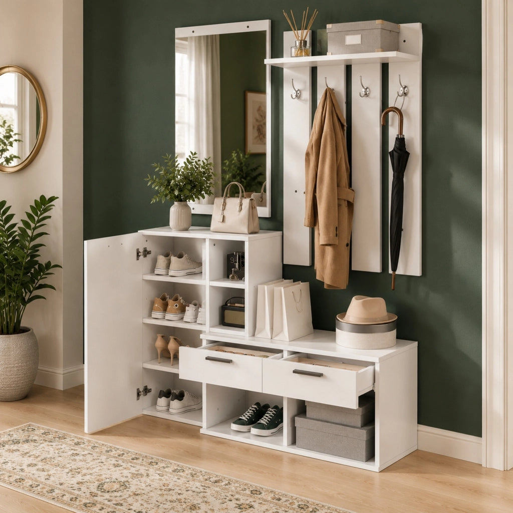 Mobile guardaroba da ingresso con scarpiera; specchio e 2 cassetti; MDF bianco; 120 ¡Á 35 ¡Á 175.5 cm