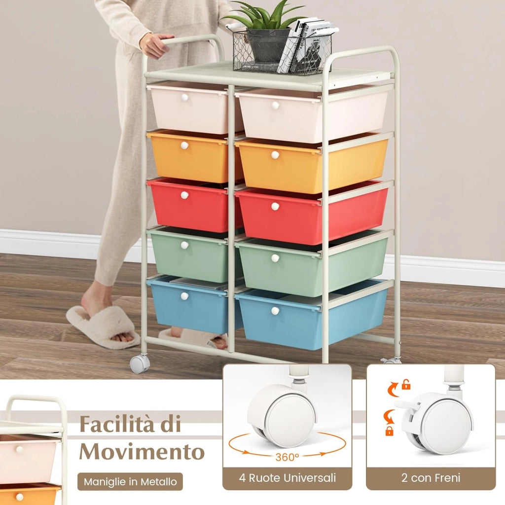 Carrello a 10 Cassetti con Ruote, di Stoccaggio con Stabilità Elevata, Multiuso per Casa Ufficio e Scuola, 65,5 x 37 x 87 cm (Bianco)