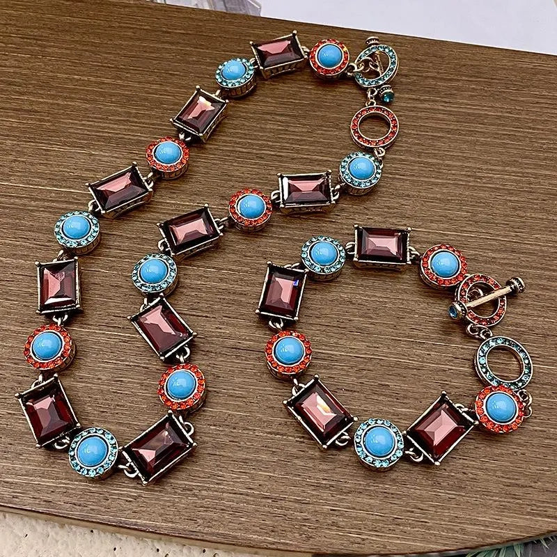 Collana e bracciale vintage turchese fatti a mano, set retr¨° esagerato da donna, orecchini combinati, gioielli in stile nazionale