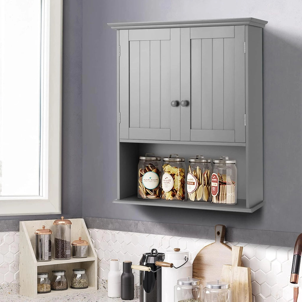 Mobiletto Pensile da Bagno, Mobile Armadietto Bagno sospeso con 2 Porte, Armadietto a Muro delle Medicine, Mensola Regolabile, Capacità di 30 kg (Grigio)