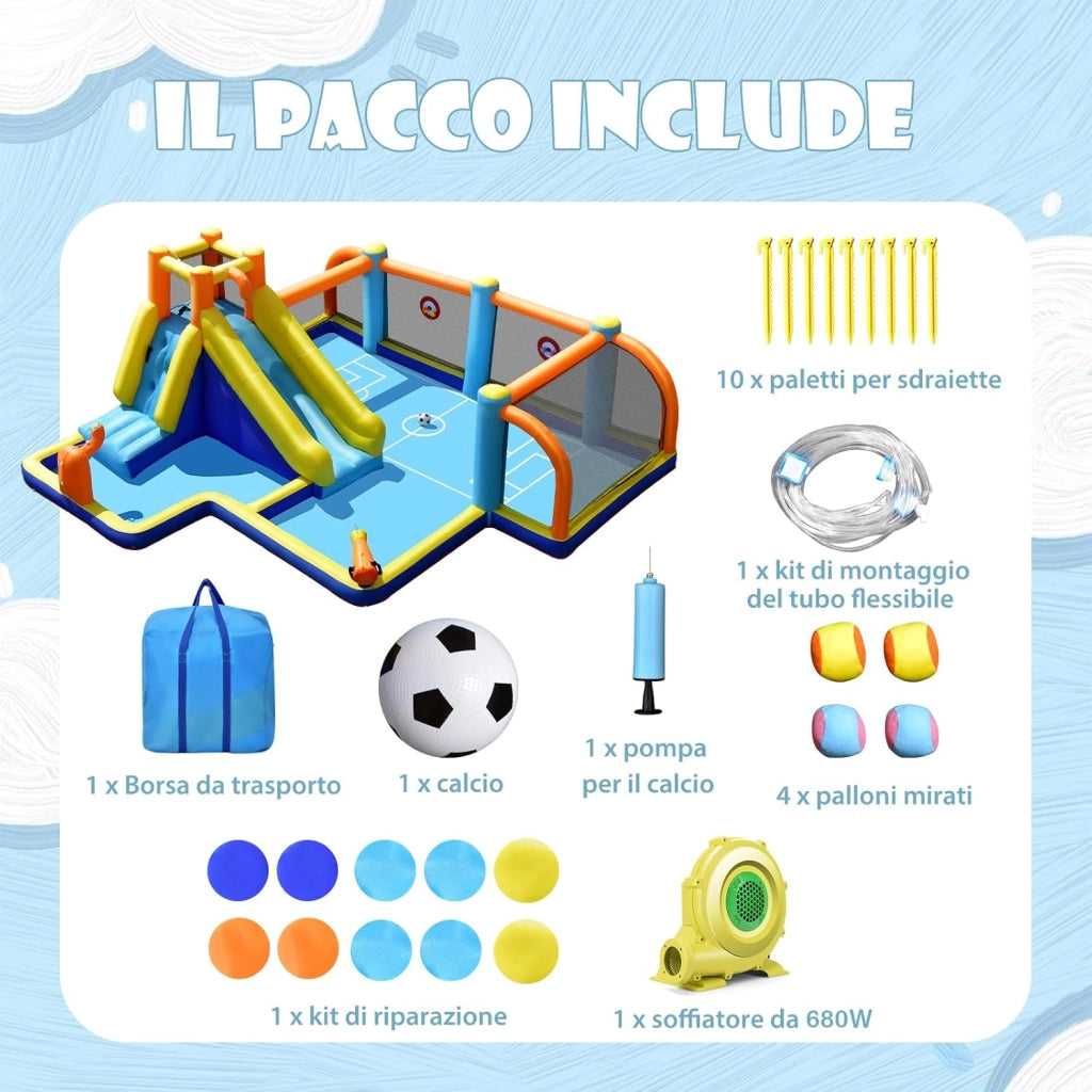 Castello Gonfiabile per bambini, Casa Gonfiabile con Scivolo, Piscina, con Borsa di Trasporto, Soffiatore e Kit di Riparazione, per 5 Bambini di 3-12 Anni, 465 x 500 x 200 cm