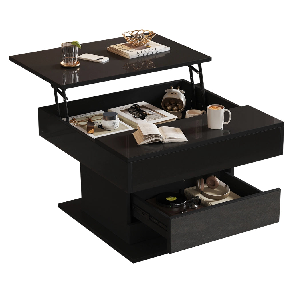 Tavolino da caffè con 1 cassetto; piano alzabile e rotante - per soggiorno - in truciolare - 70x70x45 cm - nero