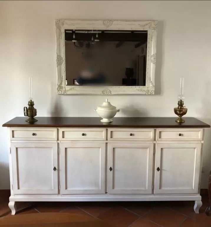 Madia credenza 4 porte legno shabby bianco anticato e noce 205x45x98 - Mobili 2G