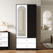 Armadio con specchio e una porta con asta appendiabiti, 2 cassetti e 4 ripiani in truciolare bianco nero 80 × 40 × 180 cm
