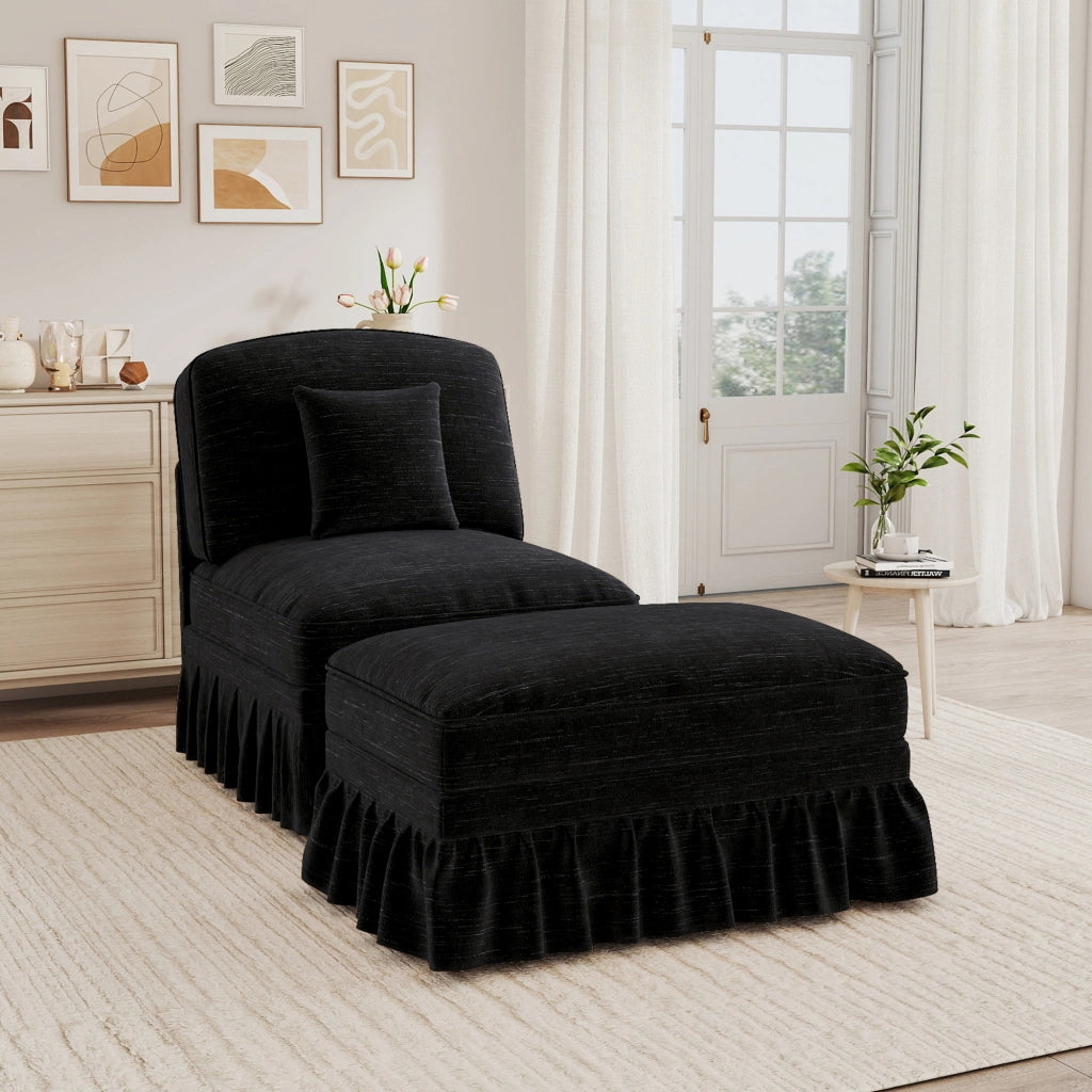 Poltrona relax con pouf e gonna rimovibile - schienale imbottito - in chenille nera