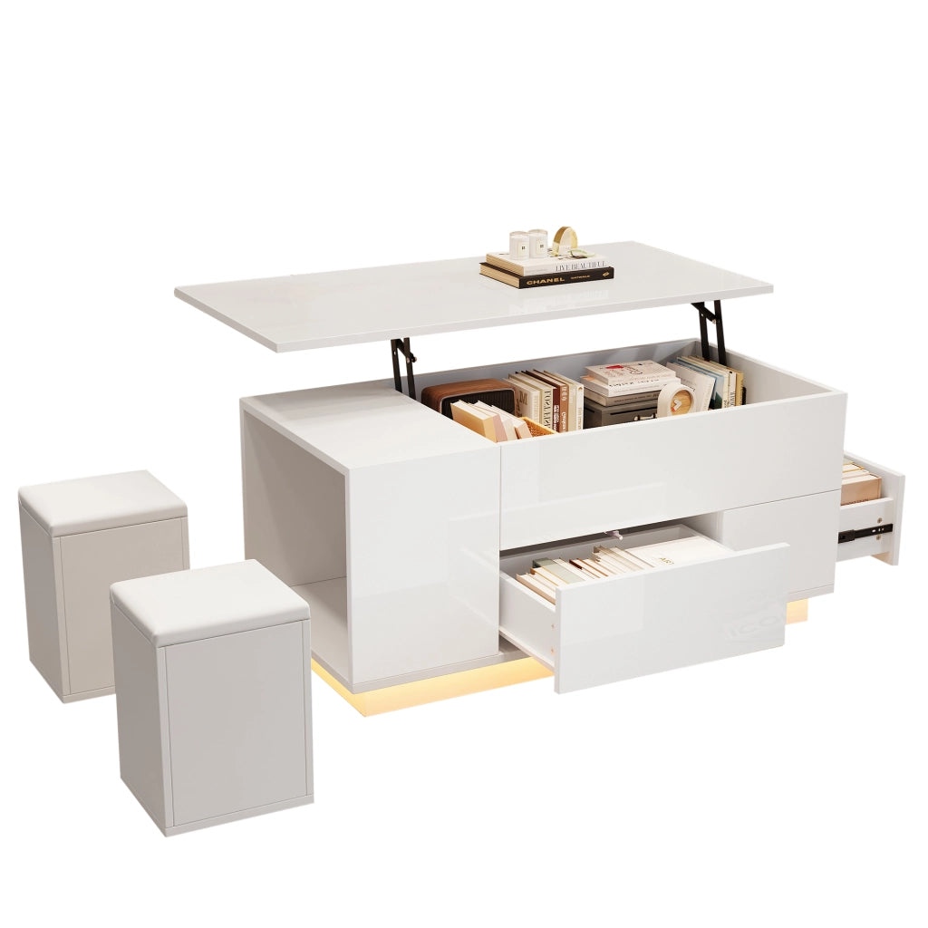 TAVOLINO DA CAFFÈ Sollevabile 100x50x45 cm Bianco con LED e 2 Pouf