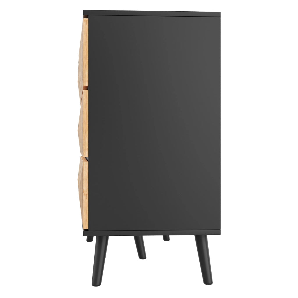 Credenza a 6 cassetti con frontali rialzati, struttura in MDF e pannello truciolare, nero e naturale 120 × 40 × 85 cm