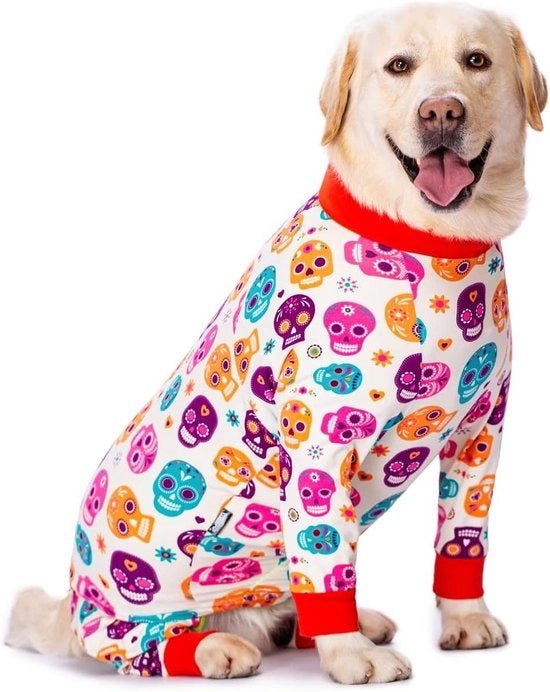 Abbigliamento per cani con stampa di cartone per copertura completa - jumpsuit da notte per cani di taglia media e grande in bianco