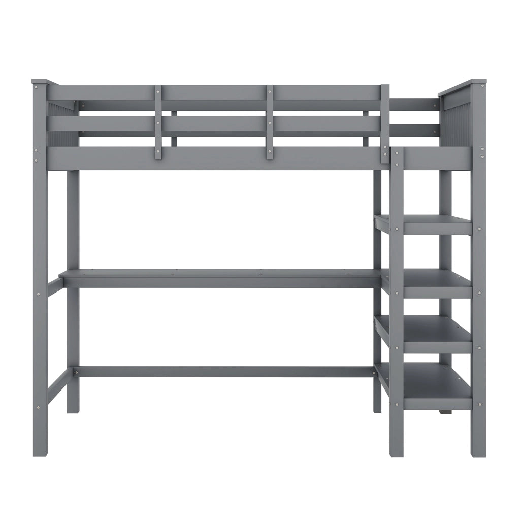Letto a Soppalco 90 x 200 cm; Letto Singolo con Scrivania; Scaffali e Scala; senza Materasso; Pino e MDF Grigio