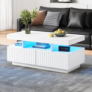 Tavolino da caff¨¨ con cassetti e LED ¨C Minimal ¨C Bianco legno effetto marmo 100x50x45