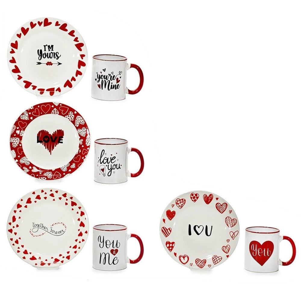 Trade Shop - Set 2 Pz Tazza Da 32,5cl Con Piatto ø19cm Con Decoro Cuori Scritte A Tema San Valentino -
