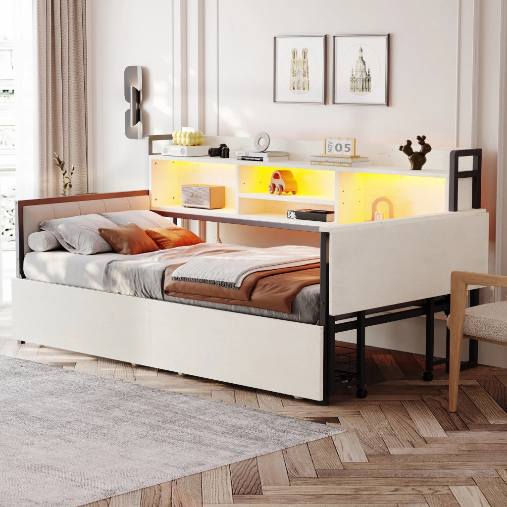 OKWISH Letto a Divano 90×200 cm, Letto Singolo con 2 Cassetti, LED, USB, Tipo C e Scrivania Ribaltabile, senza Materasso, Metallo, Bianco