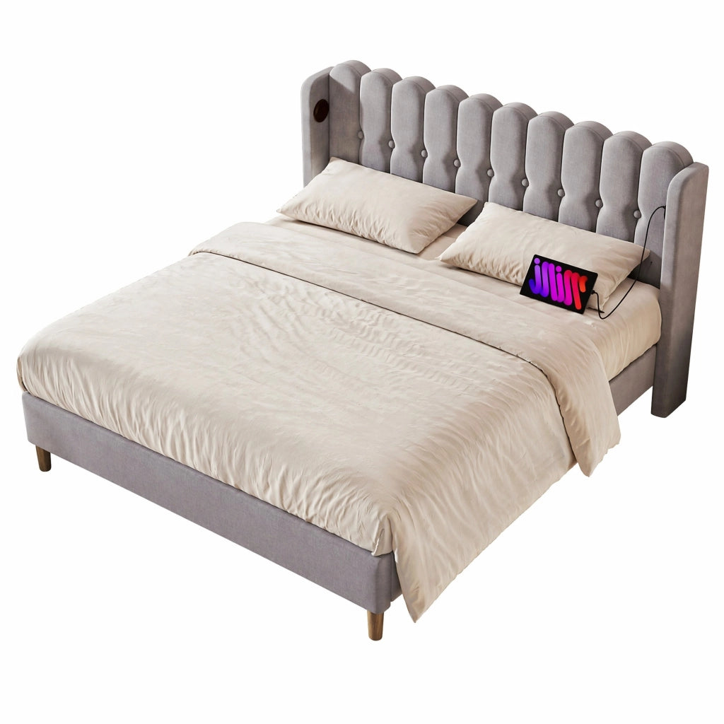 Letto matrimoniale imbottito 180x200 cm con ricarica USB e Tipo C, struttura in lino grigio, rete a doghe