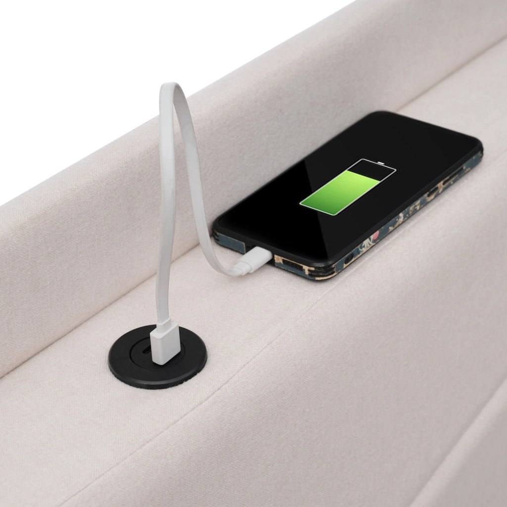Letto singolo contenitore 90x200 con USB e Tipo C; testiera in cotone e lino beige