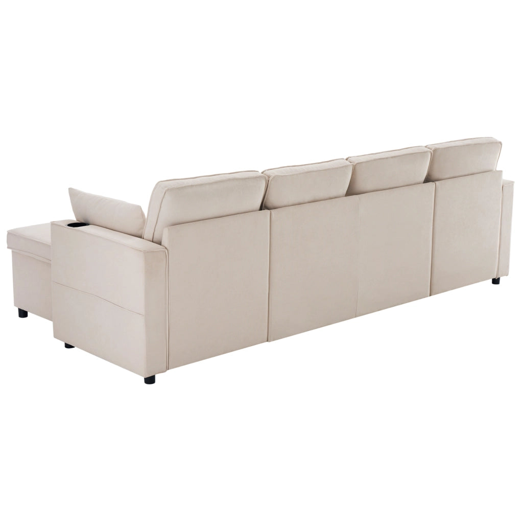 Divano letto a U con contenitori; portabicchieri e 2 cuscini; 270x130x86 cm; beige effetto lino