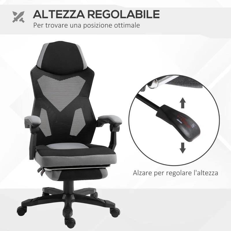 SEDIA DA UFFICIO ERGONOMICA CON SCHIENALE RECLINABILE, POGGIAPIEDI RETRATTILE, ALTEZZA REGOLABILE, GRIGIO