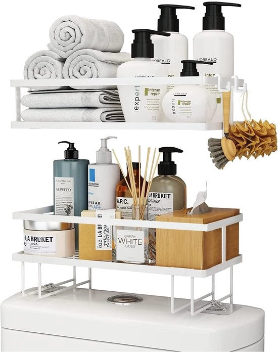Organizzatore per la toilette con struttura adesiva e ganci per l'appoggio di spugne o spazzole. Supporto per i rotoli di carta igienica per l'archiviazione di accessori da bagno.
