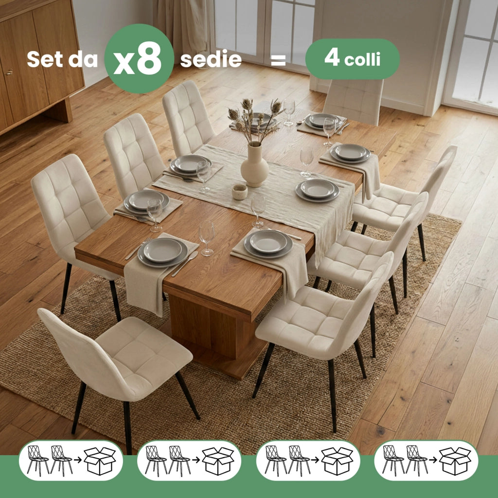Set di 8 Sedie in velluto trapuntate NERO Beige gambe nere